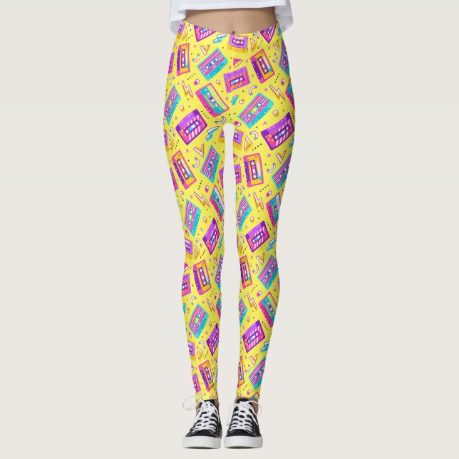 Neon Rosa Trendig 80's Cassette Music Leggings (Framsida)