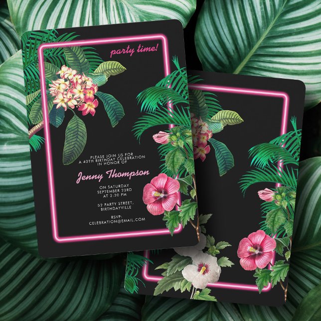 Neon Rosa Tropical Botanicals Födelsedagsfest Inbjudningar (Neon Pink Tropical Botanicals Birthday Party Invitation)