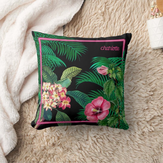 Neon Rosa Tropical Botanicals Monogram Kudde (Filt)