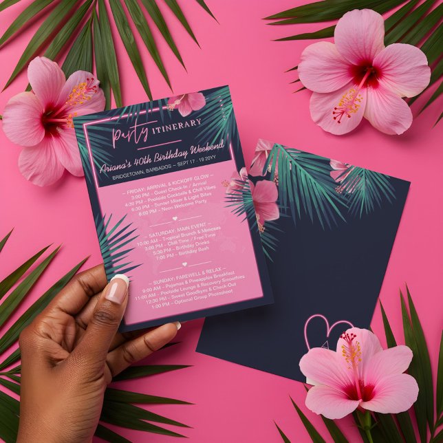 Neon Rosa Tropical Destination Birthday Itinerary Inbjudningar (Neon Pink Tropical Destination Birthday Itinerary Invitation)