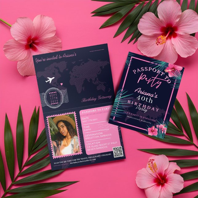 Neon Rosa Tropical Passport Destination Birthday Inbjudan (Neon Pink Tropical Passport Destination Birthday Invitation)