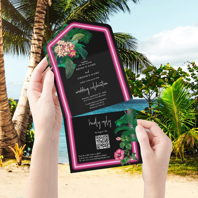 Neon Rosa Tropical Retro Botanicals Bröllop (Neon Pink Tropical Retro Botanicals Wedding All In One Invitation)