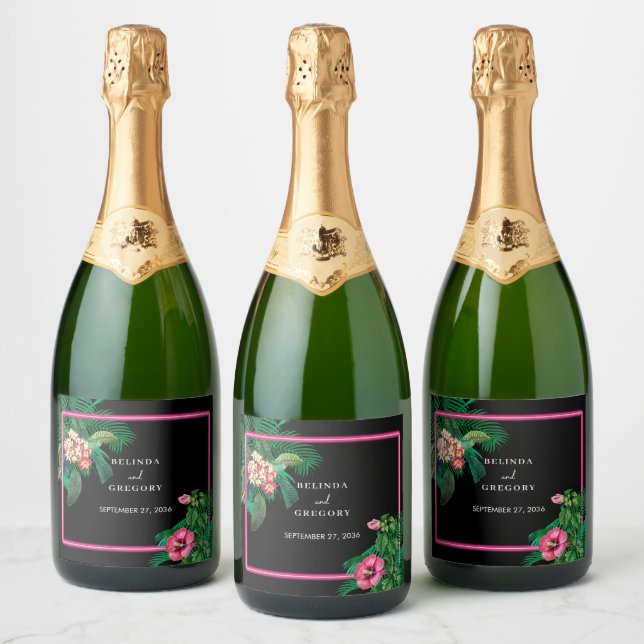 Neon Rosa Tropical Retro Botanicals Bröllop (Flaskor)