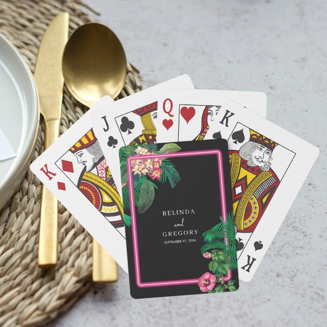 Neon Rosa Tropical Retro Botanicals Bröllop Casinokort (Neon Pink Tropical Retro Botanicals Wedding Playing Cards)