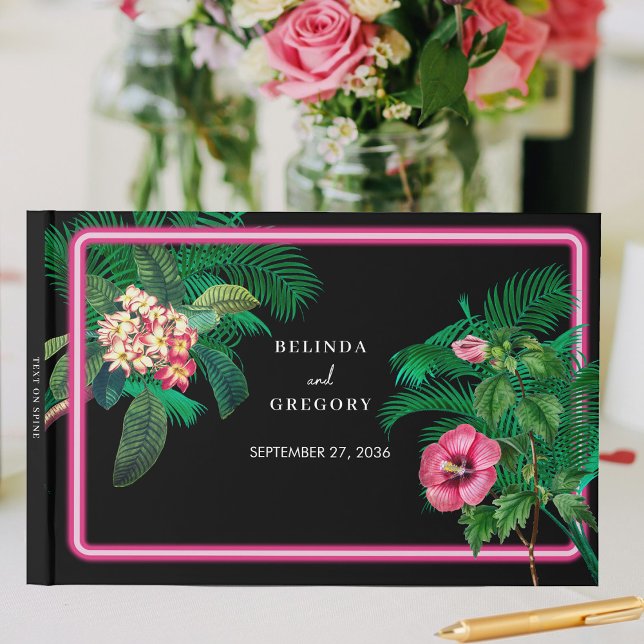 Neon Rosa Tropical Retro Botanicals Bröllop Gästböcker (Neon Pink Tropical Retro Botanicals Wedding Guest Book)