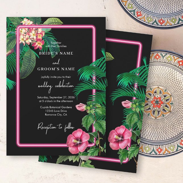 Neon Rosa Tropical Retro Botanicals Bröllop Inbjudningar (Neon Pink Tropical Retro Botanicals Wedding Invitation)