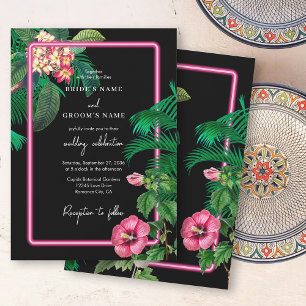 Neon Rosa Tropical Retro Botanicals Bröllop Inbjudningar