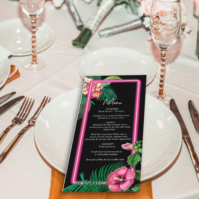 Neon Rosa Tropical Retro Botanicals Bröllop Meny (Neon Pink Tropical Retro Botanicals Wedding Menu)