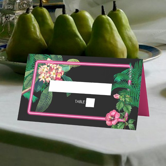 Neon Rosa Tropical Retro Botanicals Bröllop Placeringskort (Neon Pink Tropical Retro Botanicals Wedding Place Card)
