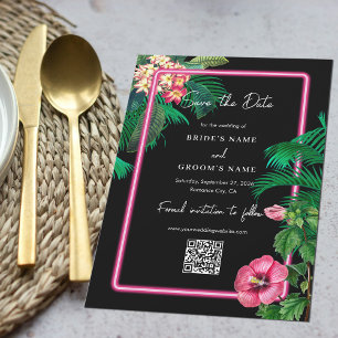 Neon Rosa Tropical Retro Botanicals Bröllop Spara Datumet