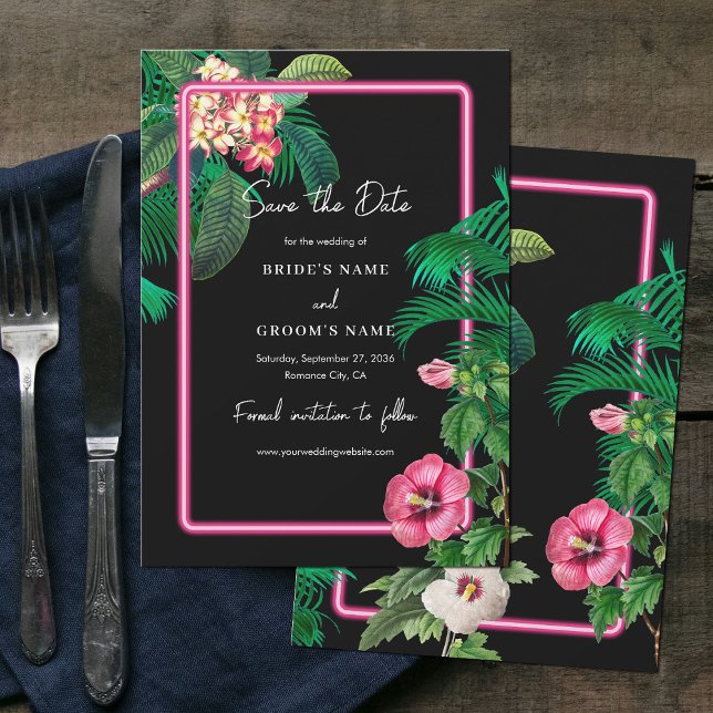 Neon Rosa Tropical Retro Botanicals Bröllop Spara Datumet (Neon Pink Tropical Retro Botanicals Wedding Save The Date)