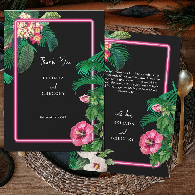 Neon Rosa Tropical Retro Botanicals Bröllop Tack Kort (Neon Pink Tropical Retro Botanicals Wedding Thank You Card)