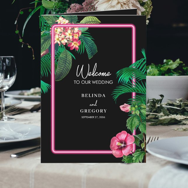 Neon Rosa Tropical Retro Bröllop serviceorder Program (Neon Pink Tropical Retro Wedding Order of Service Program)