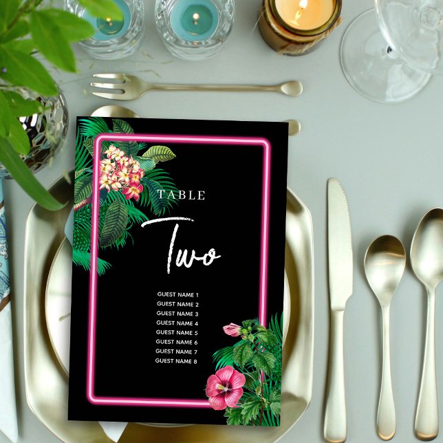 Neon Rosa Tropical Retro Bröllopsprogram Bordsnummer (Neon Pink Tropical Retro Wedding Program Table Number)