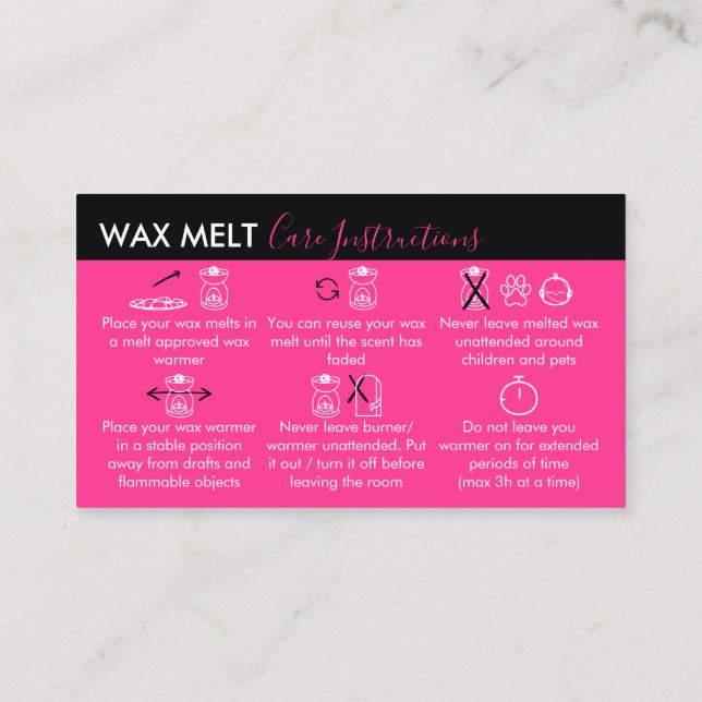 Neon Rosa Vax Melt Care Instructions Visitkort (Baksida)