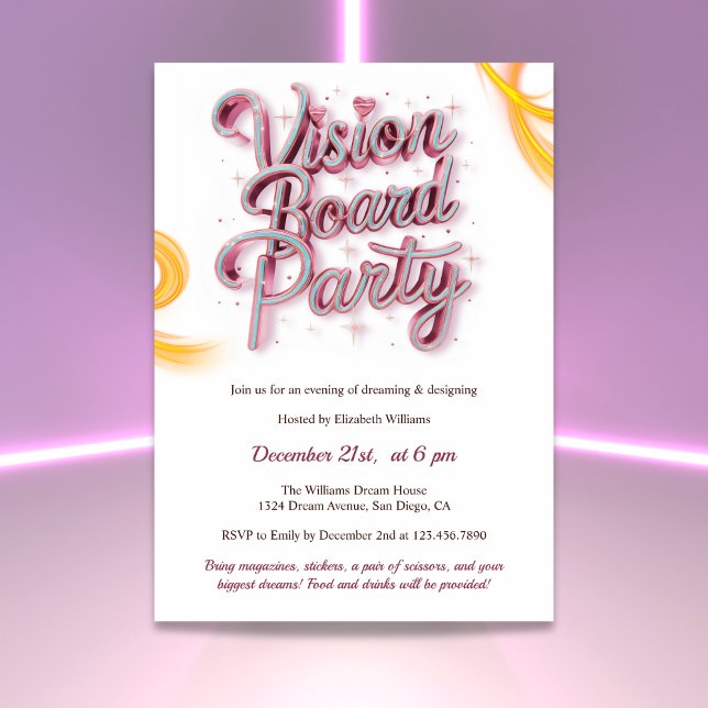 Neon Rosa Vision Board Manifestation Party Inbjudningar (Neon Vision Board Manifestation Party Invitation)