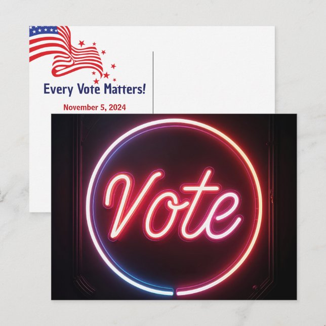 Neon Rosa Vote Sign-On-Black Vykort (Fram/baksida)