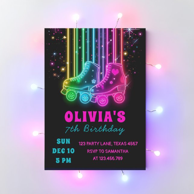 Neon Rullskridsko Födelsedagsfest | Glödande Party Inbjudningar (Skapare uppladdad)