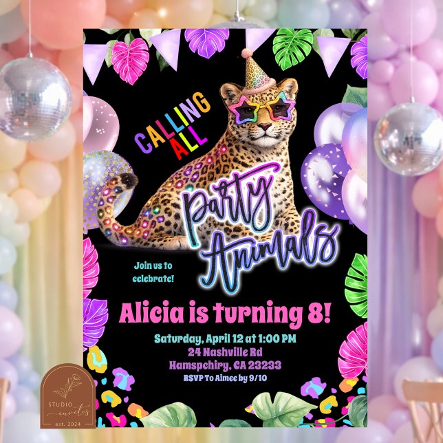 Neon Safari Leopard tween birthday invitation Inbjudningar (Skapare uppladdad)