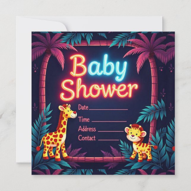 Neon Safari-Theter Baby Shower-inbjudan Spara Datumet (Framsida)