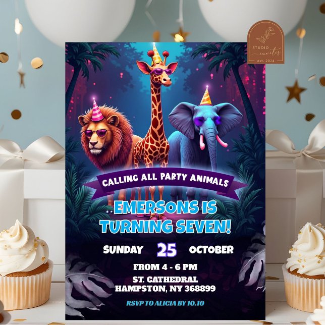 Neon Safari Vilda djur Boy Birthday Inbjudningar (Skapare uppladdad)