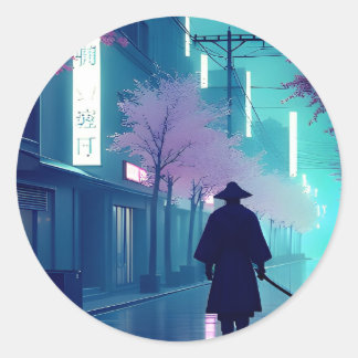 Neon Samurai Sticker – Retro Anime Cyberpunk Tokyo Runt Klistermärke