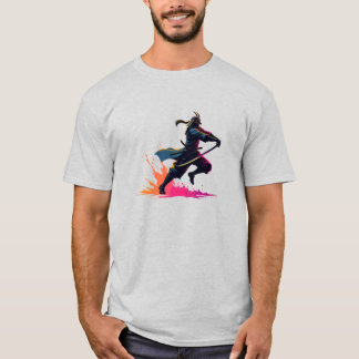Neon Samurai Warrior in Action Retro Art T Shirt