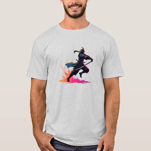 Neon Samurai Warrior in Action Retro Art T Shirt (Framsida)