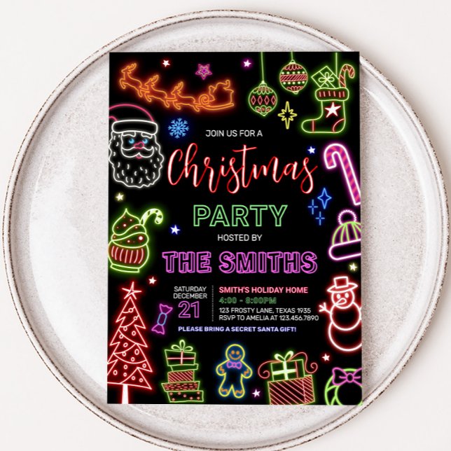 Neon Santa Party Inbjudningar (Neon Santa Claus Christmas Party Invitation)
