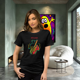 Neon Saxophone Line Art | Vibrant Musical T-Shirt