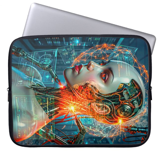 Neon Sci-Fi Cyborg Kvinna Cyberpunk Teknik Laptop Fodral (Framsidan)