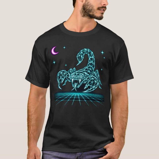 Neon Scorpion Synthwave – Elektrisk Retro Sting T- T Shirt (Framsida)