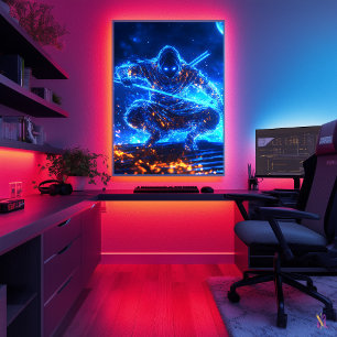 Neon Shadow lönnmördare – Cyberpunk Ninja i blåa k Poster
