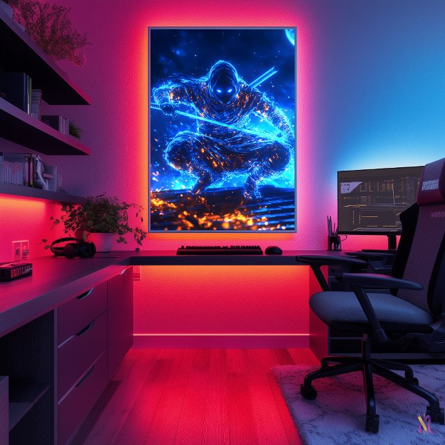 Neon Shadow lönnmördare – Cyberpunk Ninja i blåa k Poster (Skapare uppladdad)