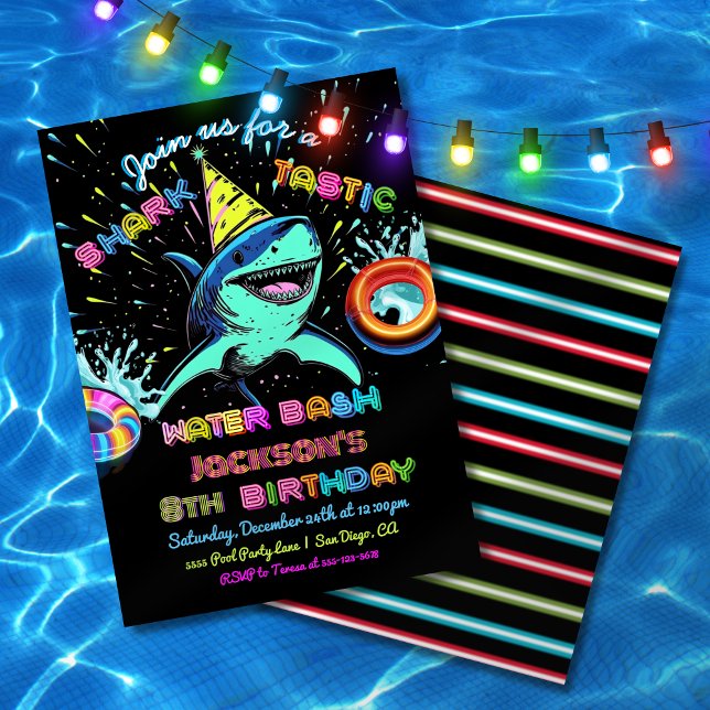 Neon Shark Bassäng Födelsedagsfest Inbjudningar (Skapare uppladdad)
