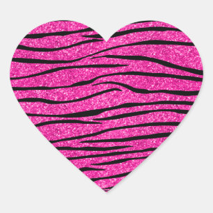 Neon shock rosa glitter zebra ränder hjärtformat klistermärke