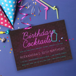 Neon Sign Birthday Cocktail Party-inbjudan Spara Datumet