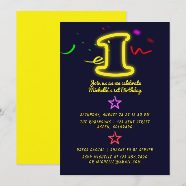 Neon Sign First Födelsedagsfest inbjudan (Fram/baksida)