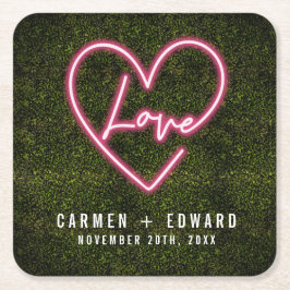 Neon Sign Kärlek Heart Bröllop Underlägg Papper Kvadrat