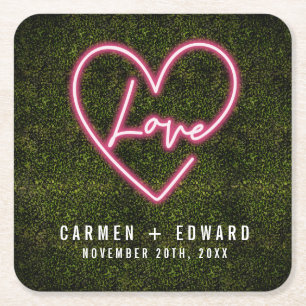 Neon Sign Kärlek Heart Bröllop Underlägg Papper Kvadrat