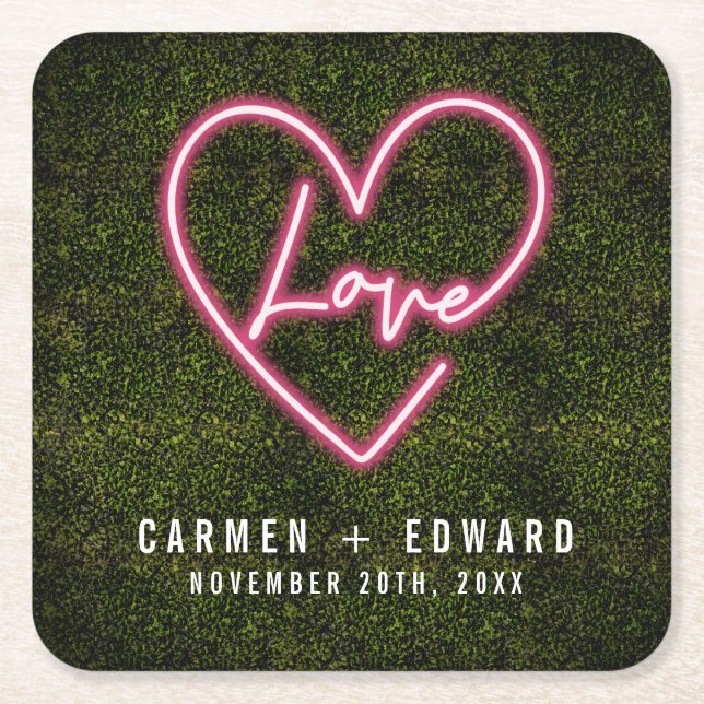 Neon Sign Kärlek Heart Bröllop Underlägg Papper Kvadrat (Framsidan)