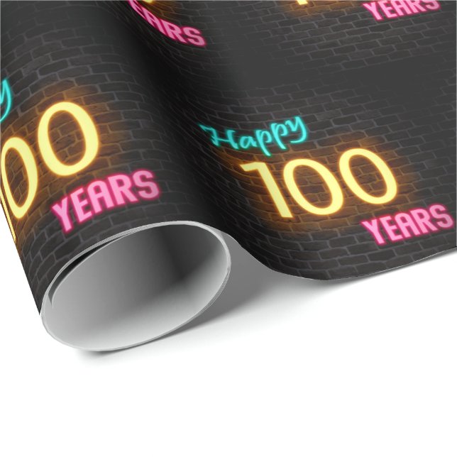 Neon Sign på Brick för 100:e födelsedagen Presentpapper (Rullad Hörn)