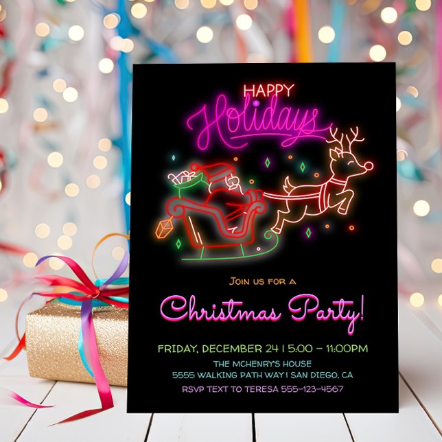 Neon Sign Santa Sleigh Reindeer jul Party Inbjudningar (Skapare uppladdad)