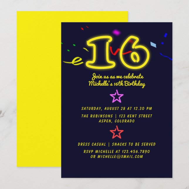 Neon Sign sextonde Födelsedagsfest inbjudan (Fram/baksida)