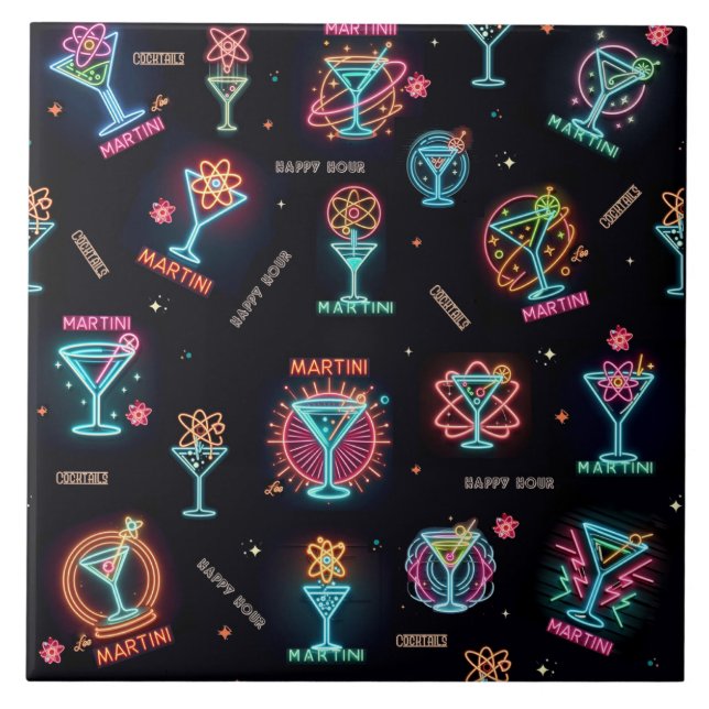 Neon Sign Space Age Atomic Martini Cocktails Skriv Kakelplatta (Framsidan)