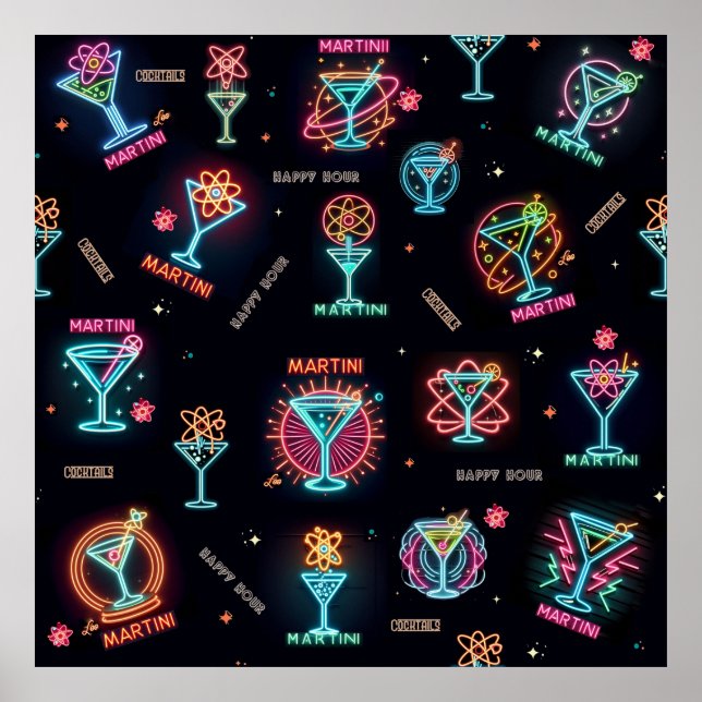 Neon Sign Space Age Atomic Martini Cocktails Skriv Poster (Framsidan)