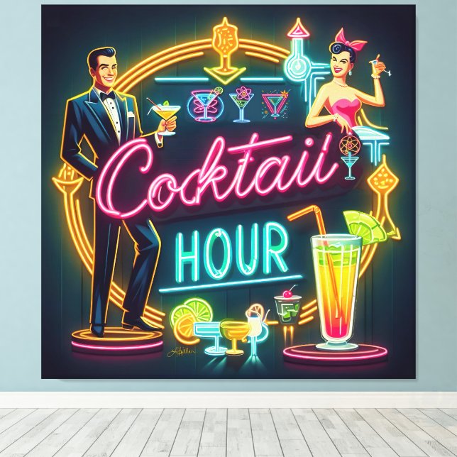 Neon-signera Cocktail-timpar för mittårtusende Canvastryck (Insitu (trägolv))