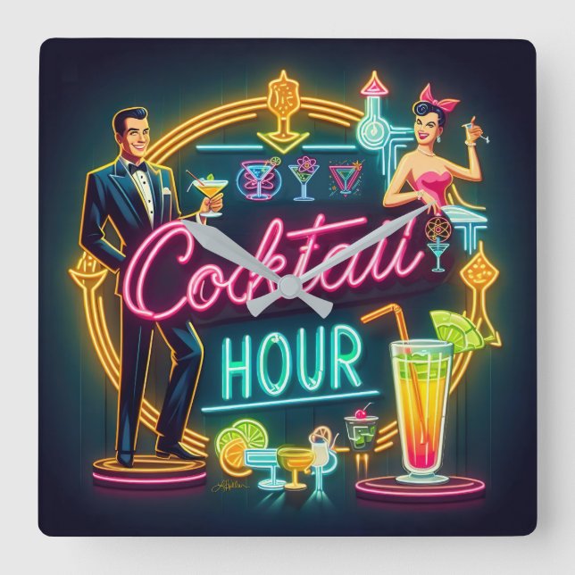 Neon-signera Cocktail-timpar för mittårtusende Fyrkantig Klocka (Framsida)