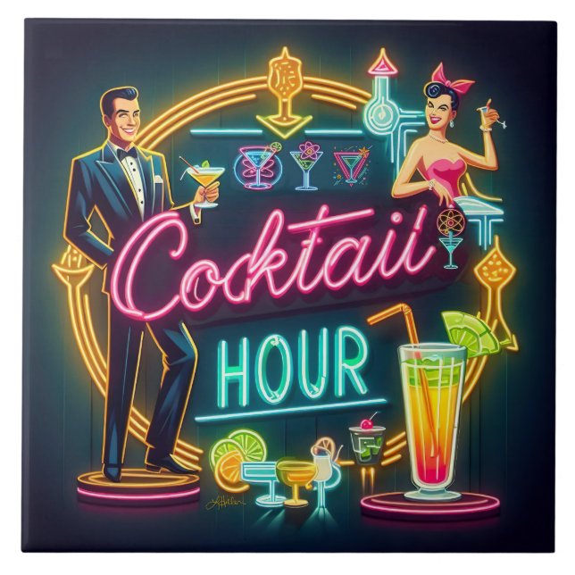 Neon-signera Cocktail-timpar för mittårtusende Kakelplatta (Framsidan)