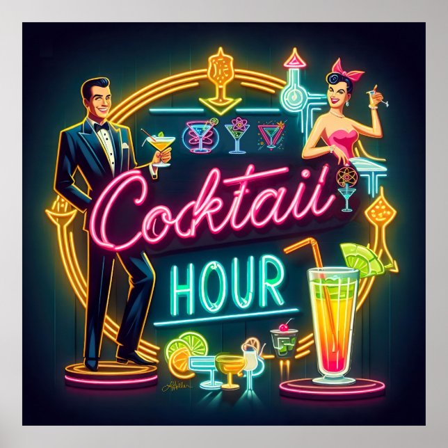 Neon-signera Cocktail-timpar för mittårtusende Poster (Framsidan)